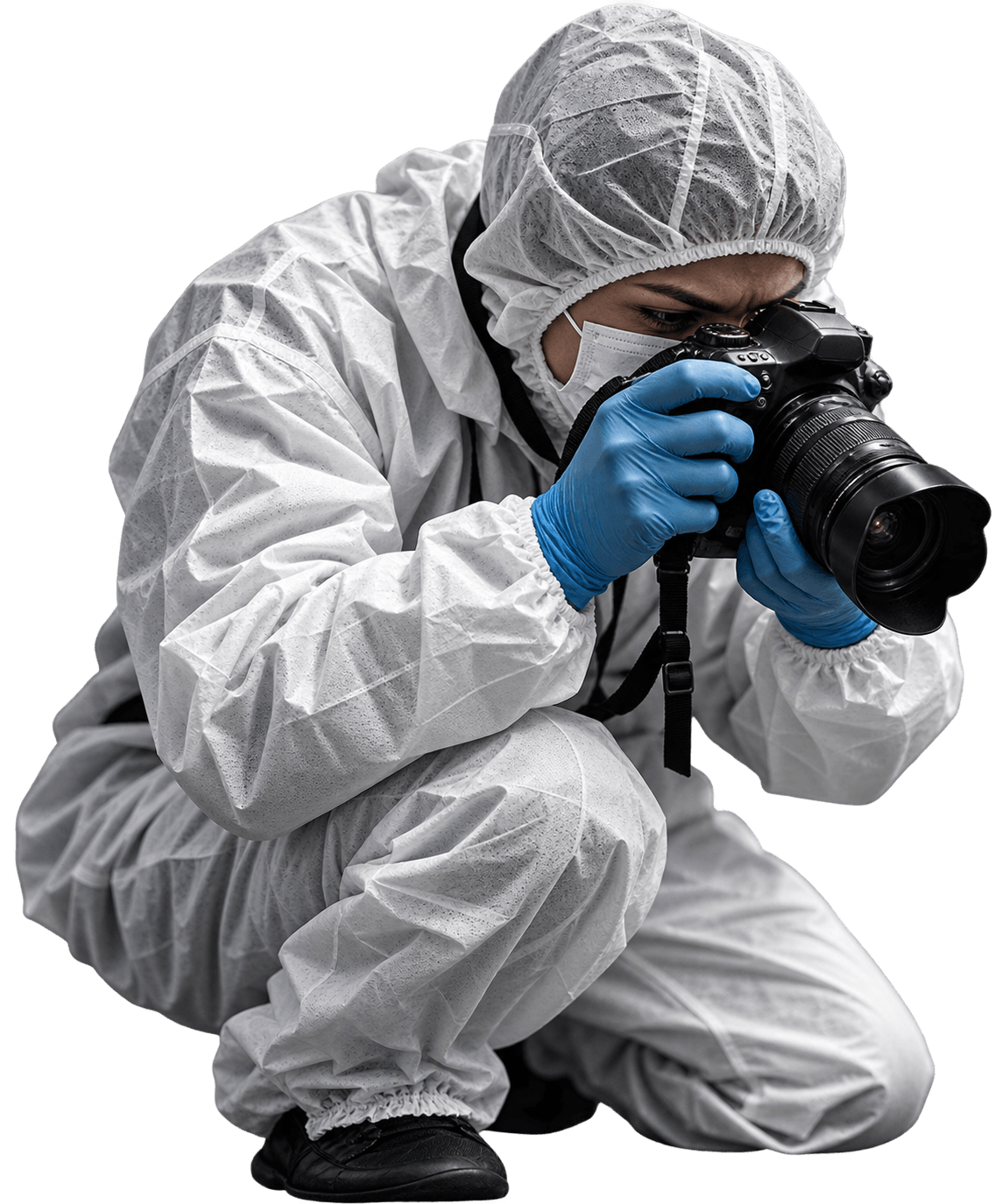 Fotógrafa forense examinando evidencias